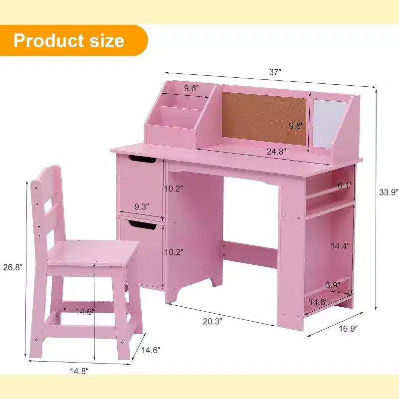 Pink Office Chair Set with Bookshelf, Notice Board and Cabinets Ideal for Boys and Girls 3 to 8 Years