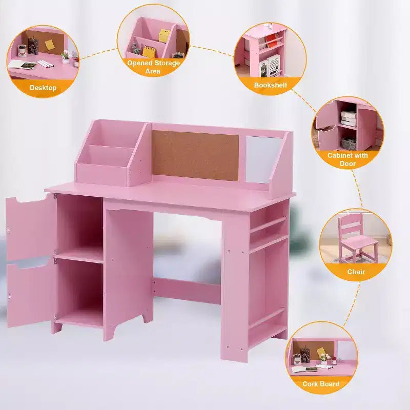 Pink Office Chair Set with Bookshelf, Notice Board and Cabinets Ideal for Boys and Girls 3 to 8 Years
