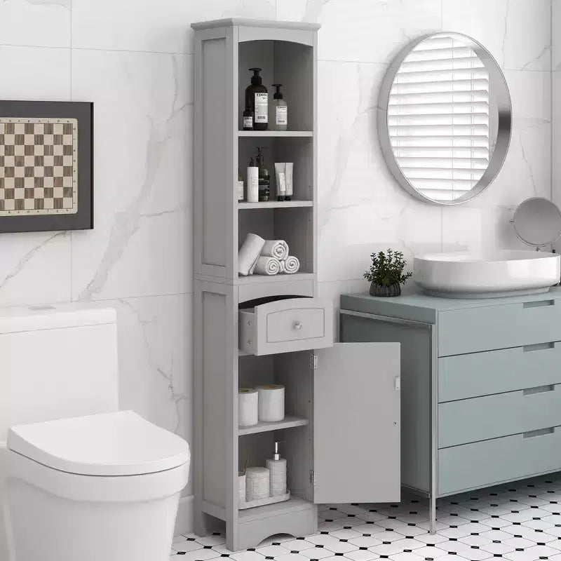 GDFStudio Clara Modern Wood Freestanding Tall Bathroom Storage Cabinet with Drawer, Open Shelves and Adjustable Shelf