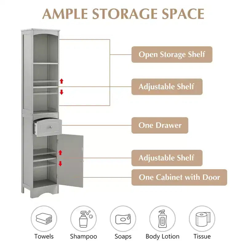 GDFStudio Clara Modern Wood Freestanding Tall Bathroom Storage Cabinet with Drawer, Open Shelves and Adjustable Shelf