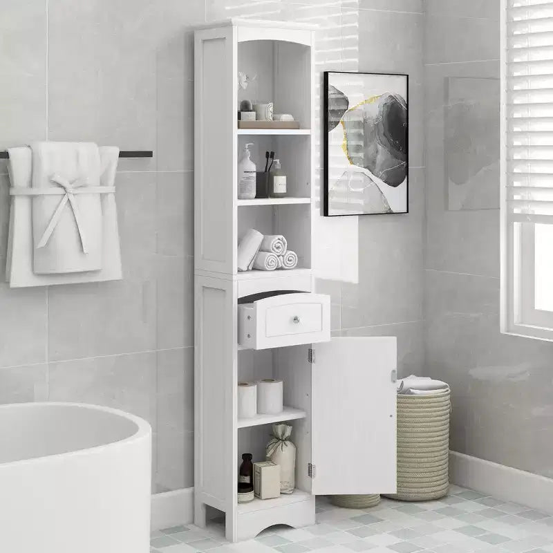 GDFStudio Clara Modern Wood Freestanding Tall Bathroom Storage Cabinet with Drawer, Open Shelves and Adjustable Shelf