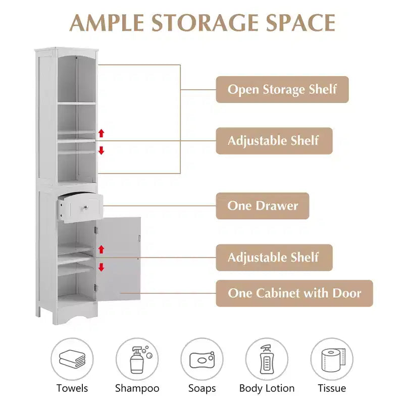 GDFStudio Clara Modern Wood Freestanding Tall Bathroom Storage Cabinet with Drawer, Open Shelves and Adjustable Shelf