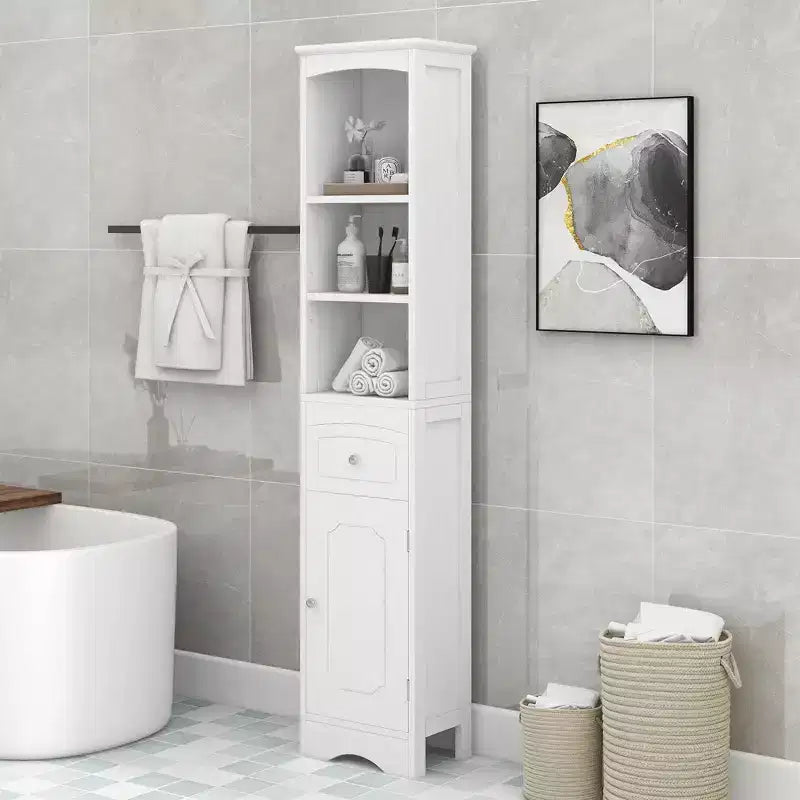 GDFStudio Clara Modern Wood Freestanding Tall Bathroom Storage Cabinet with Drawer, Open Shelves and Adjustable Shelf
