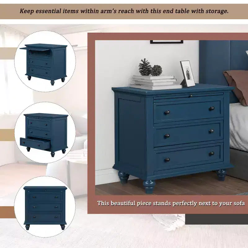 GDFStudio Henry 3-Drawer Storage Wood Cabinet with Pull-Out Tray Versatile End Table