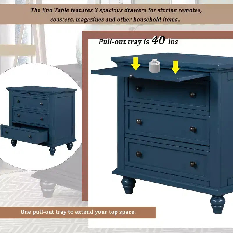 GDFStudio Henry 3-Drawer Storage Wood Cabinet with Pull-Out Tray Versatile End Table