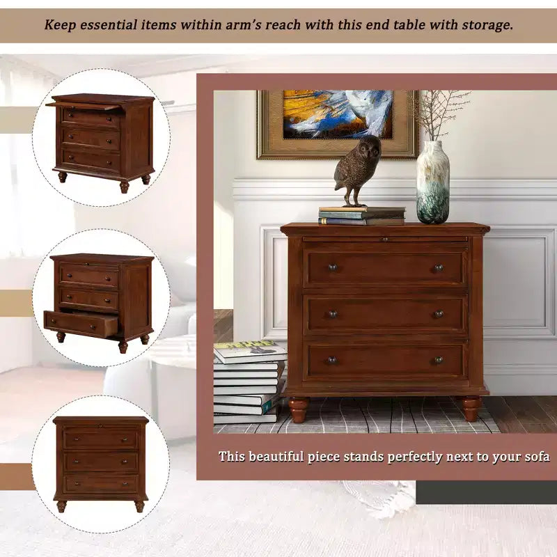 GDFStudio Henry 3-Drawer Storage Wood Cabinet with Pull-Out Tray Versatile End Table