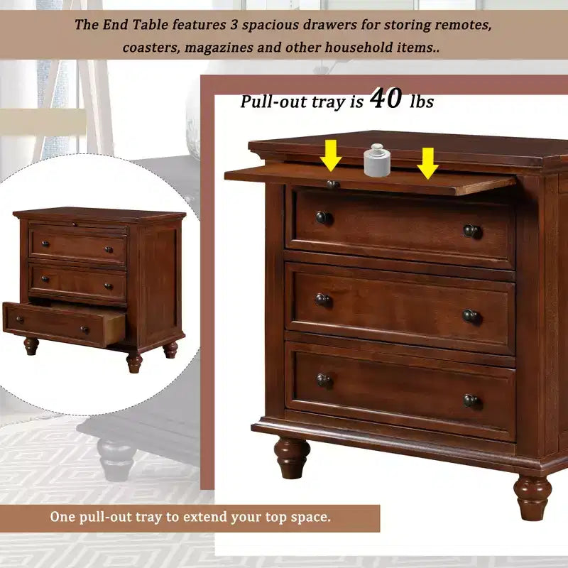 GDFStudio Henry 3-Drawer Storage Wood Cabinet with Pull-Out Tray Versatile End Table