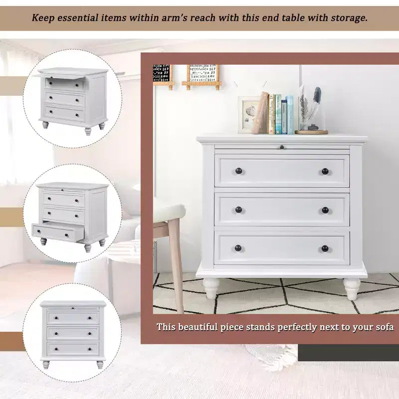 GDFStudio Henry 3-Drawer Storage Wood Cabinet with Pull-Out Tray Versatile End Table