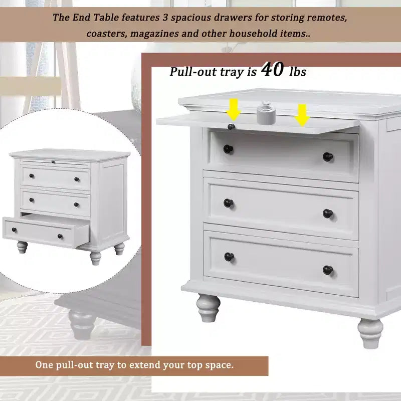 GDFStudio Henry 3-Drawer Storage Wood Cabinet with Pull-Out Tray Versatile End Table