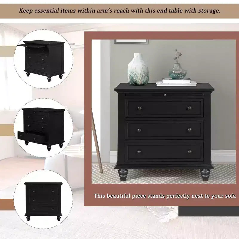 GDFStudio Henry 3-Drawer Storage Wood Cabinet with Pull-Out Tray Versatile End Table
