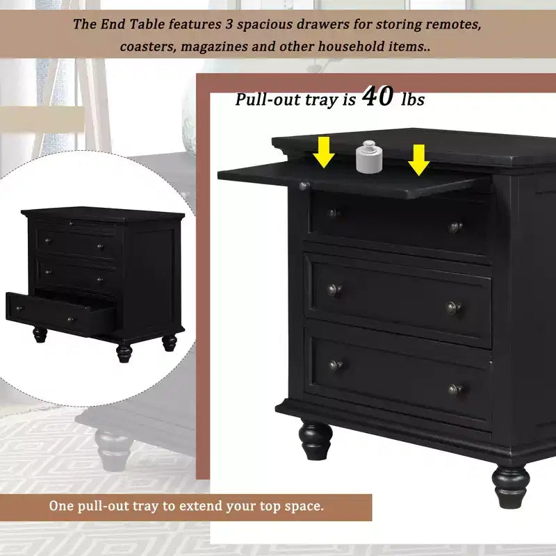 GDFStudio Henry 3-Drawer Storage Wood Cabinet with Pull-Out Tray Versatile End Table