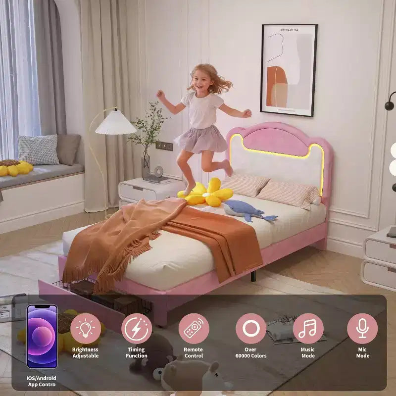 Double-layer Soft-padded Bed Frame Without Drawers, Spring-free Bed Frame, Princess-style Girl Bed Frame, Wooden Crossbeam (Pinkish-white)