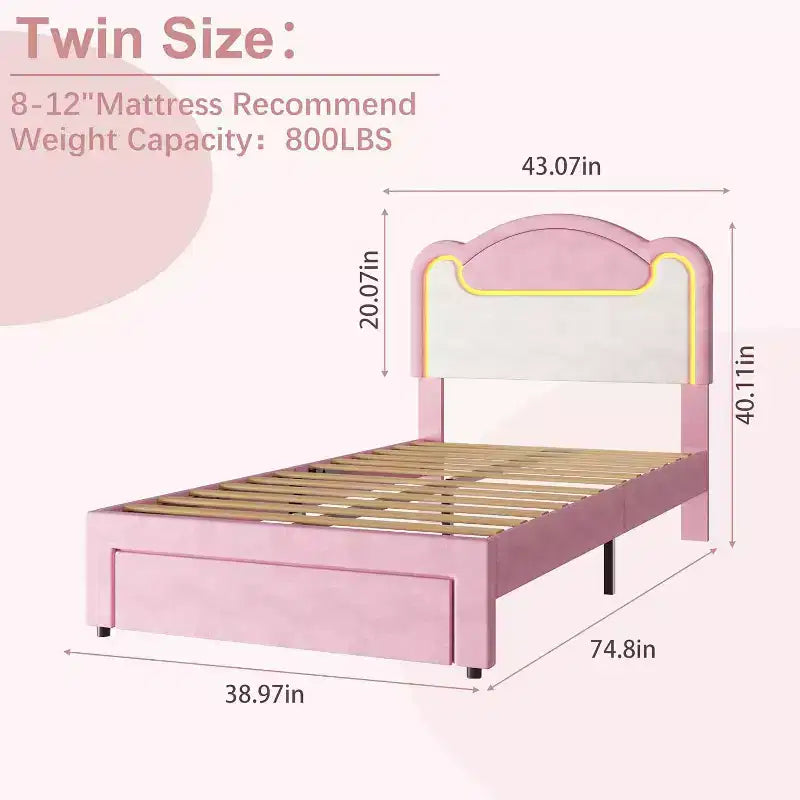 Double-layer Soft-padded Bed Frame Without Drawers, Spring-free Bed Frame, Princess-style Girl Bed Frame, Wooden Crossbeam (Pinkish-white)