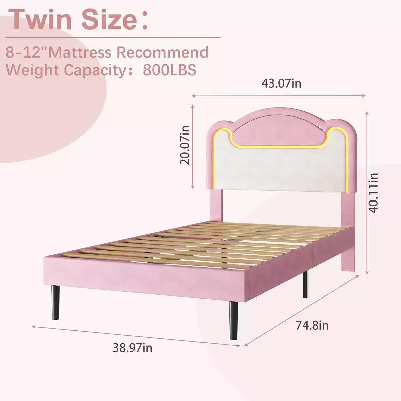 Double-layer Soft-padded Bed Frame Without Drawers, Spring-free Bed Frame, Princess-style Girl Bed Frame, Wooden Crossbeam (Pinkish-white)