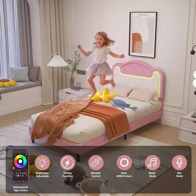 Double-layer Soft-padded Bed Frame Without Drawers, Spring-free Bed Frame, Princess-style Girl Bed Frame, Wooden Crossbeam (Pinkish-white)