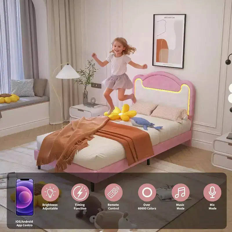 Double-layer Soft-padded Bed Frame Without Drawers, Spring-free Bed Frame, Princess-style Girl Bed Frame, Wooden Crossbeam (Pinkish-white)