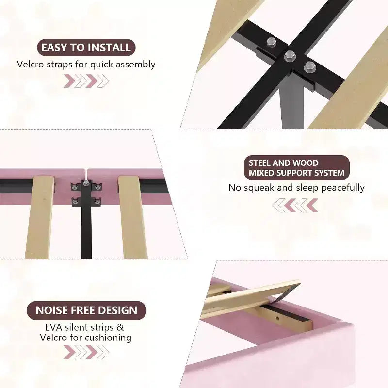 Double-layer Soft-padded Bed Frame Without Drawers, Spring-free Bed Frame, Princess-style Girl Bed Frame, Wooden Crossbeam (Pinkish-white)
