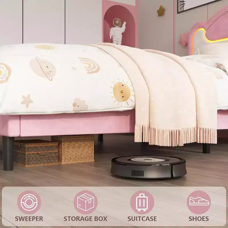 Double-layer Soft-padded Bed Frame Without Drawers, Spring-free Bed Frame, Princess-style Girl Bed Frame, Wooden Crossbeam (Pinkish-white)