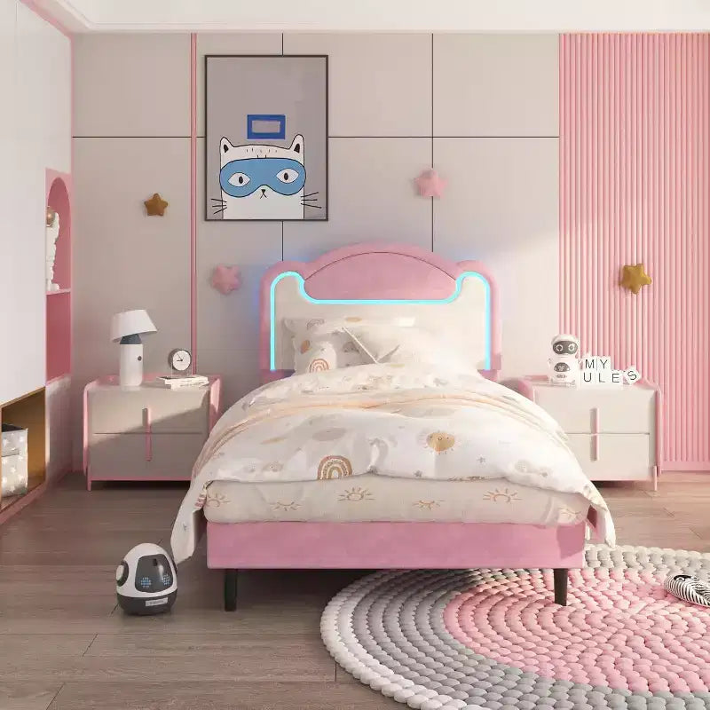 Double-layer Soft-padded Bed Frame Without Drawers, Spring-free Bed Frame, Princess-style Girl Bed Frame, Wooden Crossbeam (Pinkish-white)