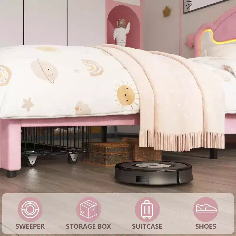 Double-layer Soft-padded Bed Frame Without Drawers, Spring-free Bed Frame, Princess-style Girl Bed Frame, Wooden Crossbeam (Pinkish-white)