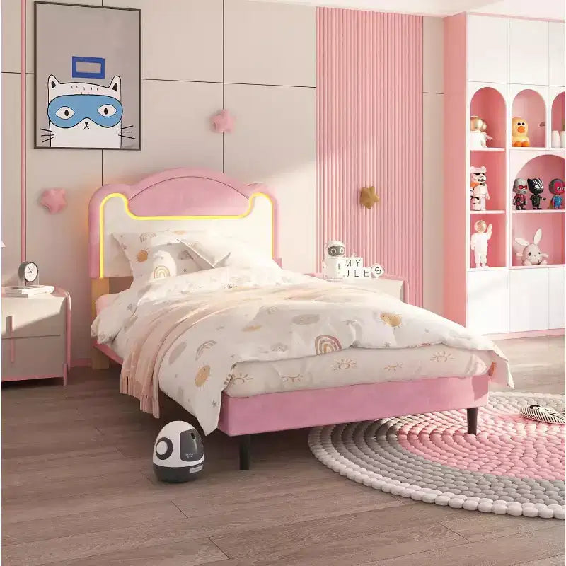 Double-layer Soft-padded Bed Frame Without Drawers, Spring-free Bed Frame, Princess-style Girl Bed Frame, Wooden Crossbeam (Pinkish-white)