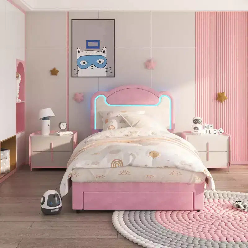 Double-layer Soft-padded Bed Frame Without Drawers, Spring-free Bed Frame, Princess-style Girl Bed Frame, Wooden Crossbeam (Pinkish-white)