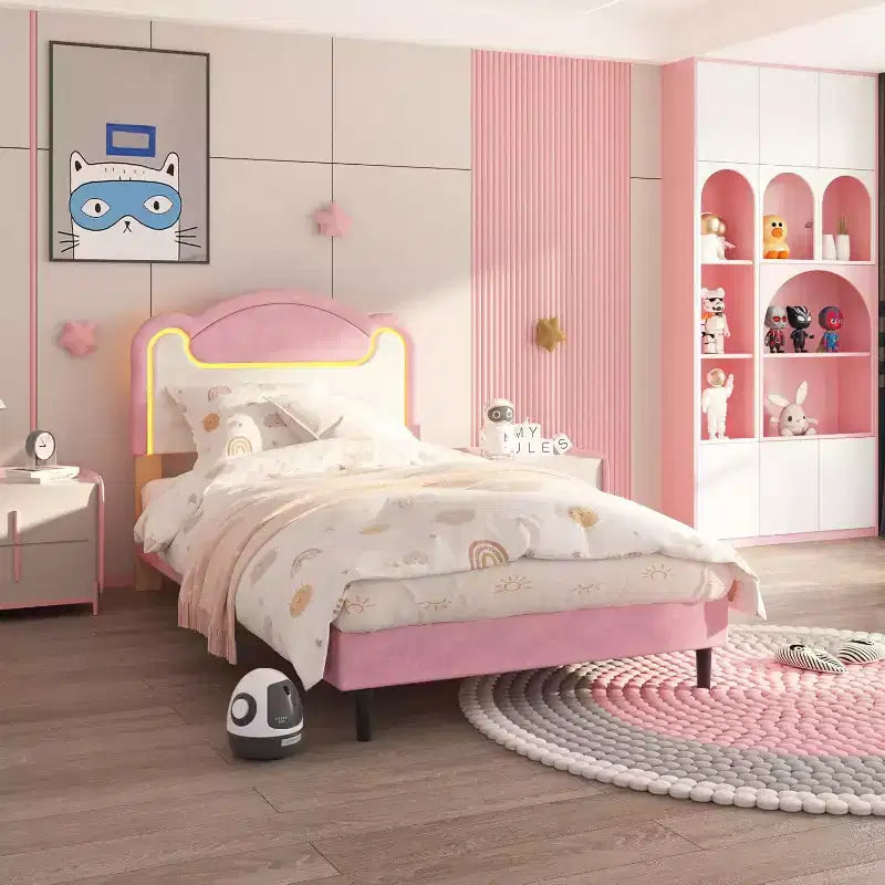 Double-layer Soft-padded Bed Frame Without Drawers, Spring-free Bed Frame, Princess-style Girl Bed Frame, Wooden Crossbeam (Pinkish-white)