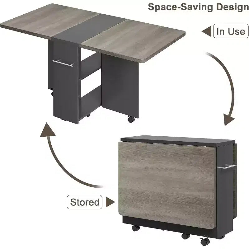 Folding Dining Table, Drop Leaf Table with 6 Wheels and 2-Tier Storage Shelf, Space-Saving Dining Table for Small Spaces