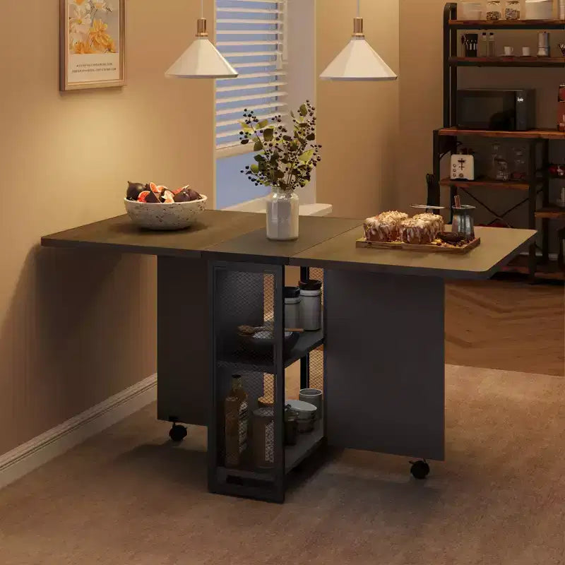 Folding Dining Table, Drop Leaf Table with 6 Wheels and 2-Tier Storage Shelf, Space-Saving Dining Table for Small Spaces