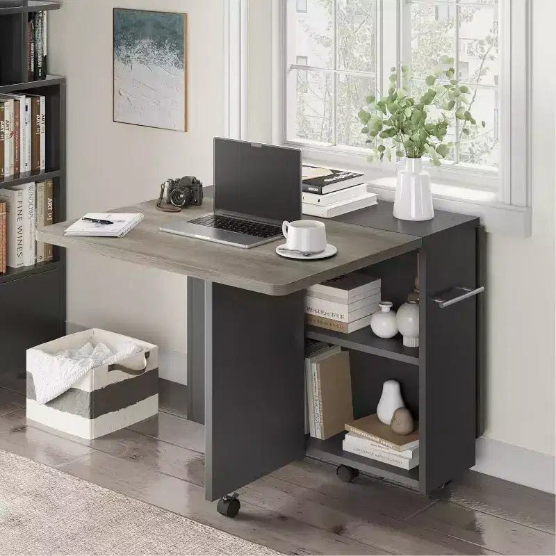Folding Dining Table, Drop Leaf Table with 6 Wheels and 2-Tier Storage Shelf, Space-Saving Dining Table for Small Spaces