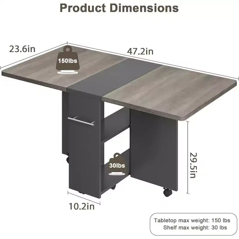 Folding Dining Table, Drop Leaf Table with 6 Wheels and 2-Tier Storage Shelf, Space-Saving Dining Table for Small Spaces