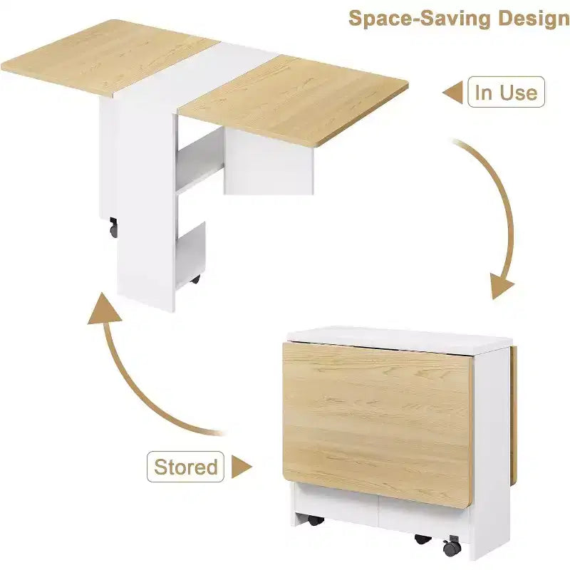 Folding Dining Table, Drop Leaf Table with 6 Wheels and 2-Tier Storage Shelf, Space-Saving Dining Table for Small Spaces