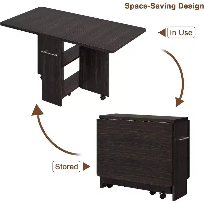 Folding Dining Table, Drop Leaf Table with 6 Wheels and 2-Tier Storage Shelf, Space-Saving Dining Table for Small Spaces