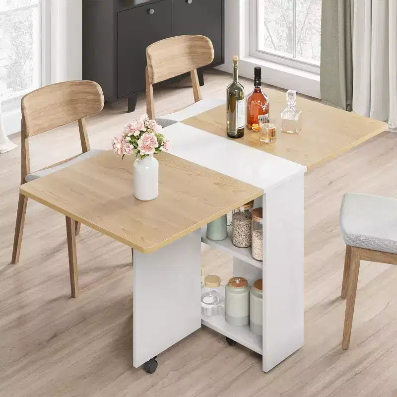 Folding Dining Table, Drop Leaf Table with 6 Wheels and 2-Tier Storage Shelf, Space-Saving Dining Table for Small Spaces