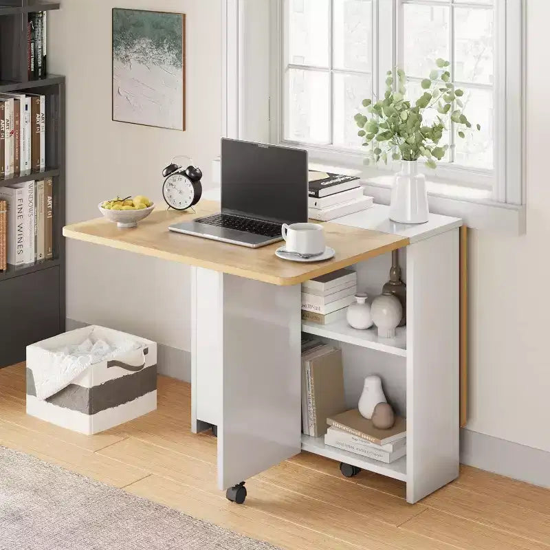 Folding Dining Table, Drop Leaf Table with 6 Wheels and 2-Tier Storage Shelf, Space-Saving Dining Table for Small Spaces