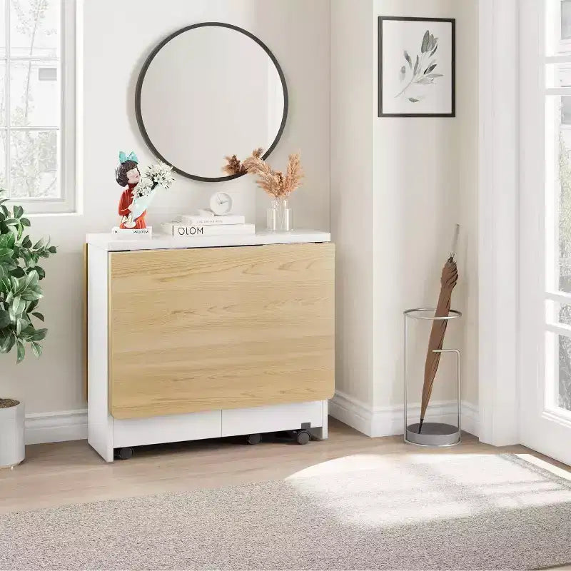 Folding Dining Table, Drop Leaf Table with 6 Wheels and 2-Tier Storage Shelf, Space-Saving Dining Table for Small Spaces