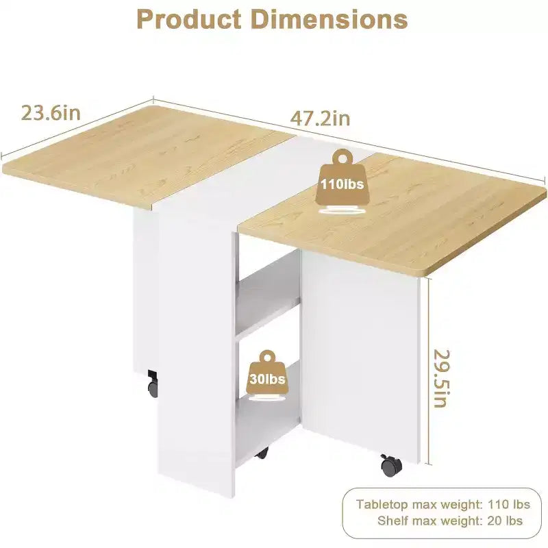 Folding Dining Table, Drop Leaf Table with 6 Wheels and 2-Tier Storage Shelf, Space-Saving Dining Table for Small Spaces