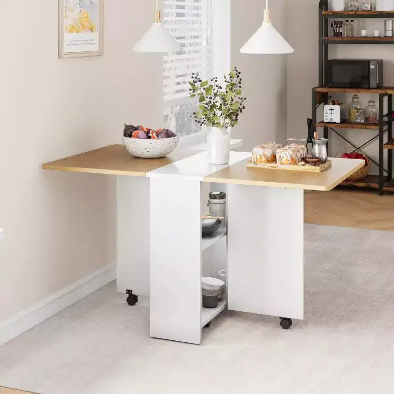 Folding Dining Table, Drop Leaf Table with 6 Wheels and 2-Tier Storage Shelf, Space-Saving Dining Table for Small Spaces