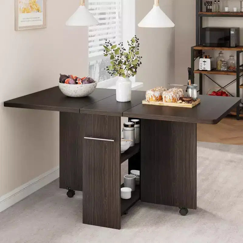 Folding Dining Table, Drop Leaf Table with 6 Wheels and 2-Tier Storage Shelf, Space-Saving Dining Table for Small Spaces
