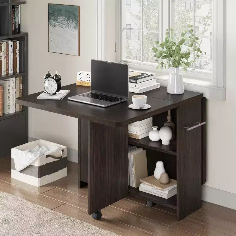 Folding Dining Table, Drop Leaf Table with 6 Wheels and 2-Tier Storage Shelf, Space-Saving Dining Table for Small Spaces
