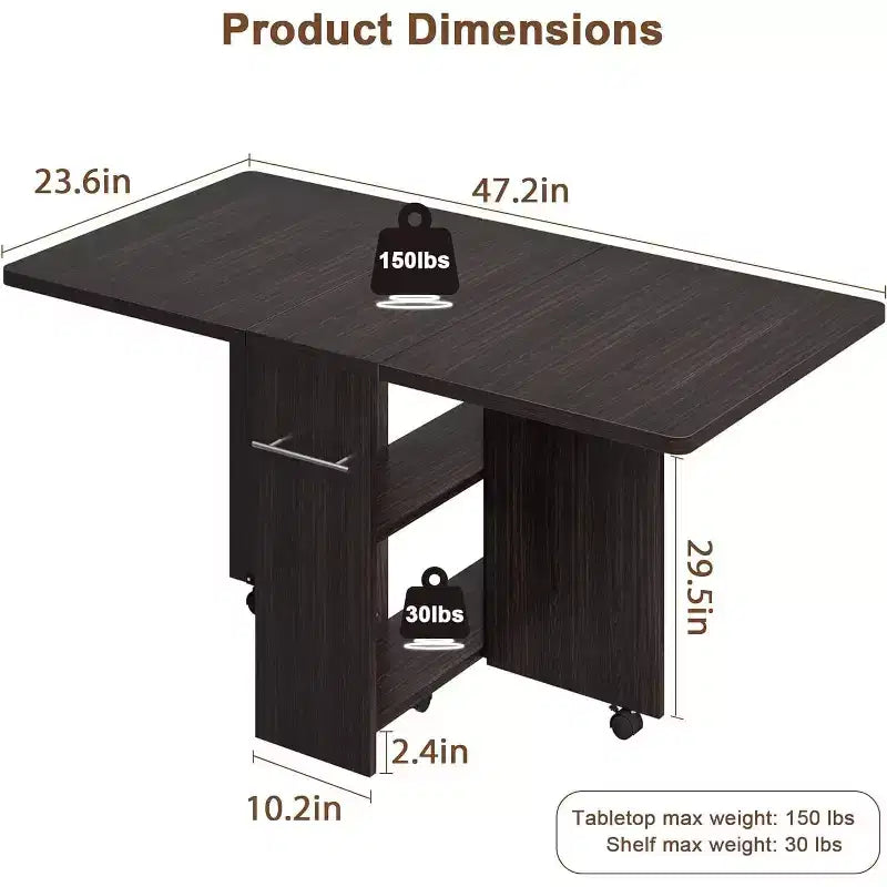 Folding Dining Table, Drop Leaf Table with 6 Wheels and 2-Tier Storage Shelf, Space-Saving Dining Table for Small Spaces