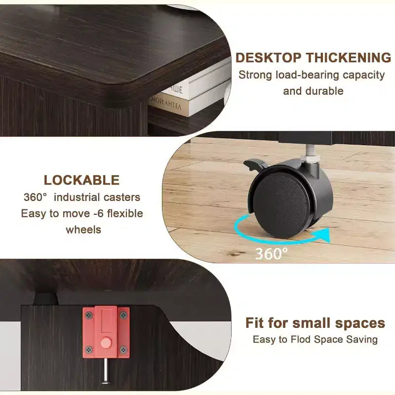 Folding Dining Table, Drop Leaf Table with 6 Wheels and 2-Tier Storage Shelf, Space-Saving Dining Table for Small Spaces