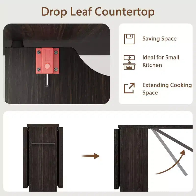 Folding Dining Table, Drop Leaf Table with 6 Wheels and 2-Tier Storage Shelf, Space-Saving Dining Table for Small Spaces