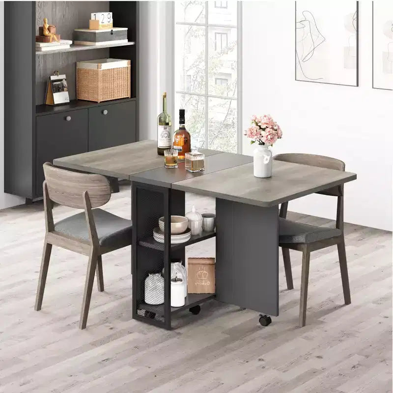 Folding Dining Table, Drop Leaf Table with 6 Wheels and 2-Tier Storage Shelf, Space-Saving Dining Table for Small Spaces