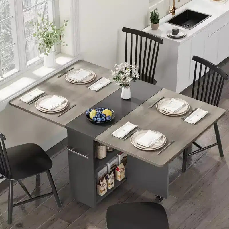Folding Dining Table, Drop Leaf Table with 6 Wheels and 2-Tier Storage Shelf, Space-Saving Dining Table for Small Spaces