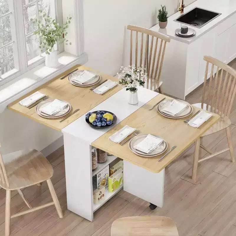 Folding Dining Table, Drop Leaf Table with 6 Wheels and 2-Tier Storage Shelf, Space-Saving Dining Table for Small Spaces