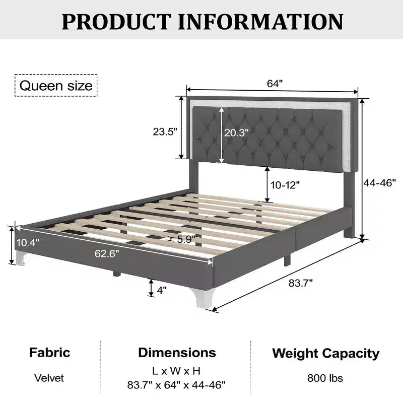 Whisen Queen Size Upholstered Bed Frame, Modern Velvet Platform Bed with Tufted Headboard