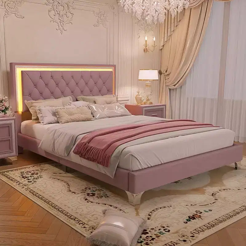 Whisen Queen Size Upholstered Bed Frame, Modern Velvet Platform Bed with Tufted Headboard
