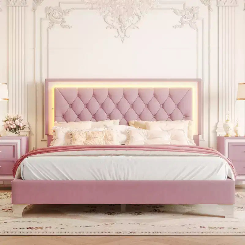 Whisen Queen Size Upholstered Bed Frame, Modern Velvet Platform Bed with Tufted Headboard