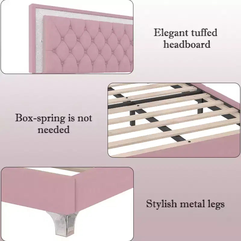 Whisen Queen Size Upholstered Bed Frame, Modern Velvet Platform Bed with Tufted Headboard